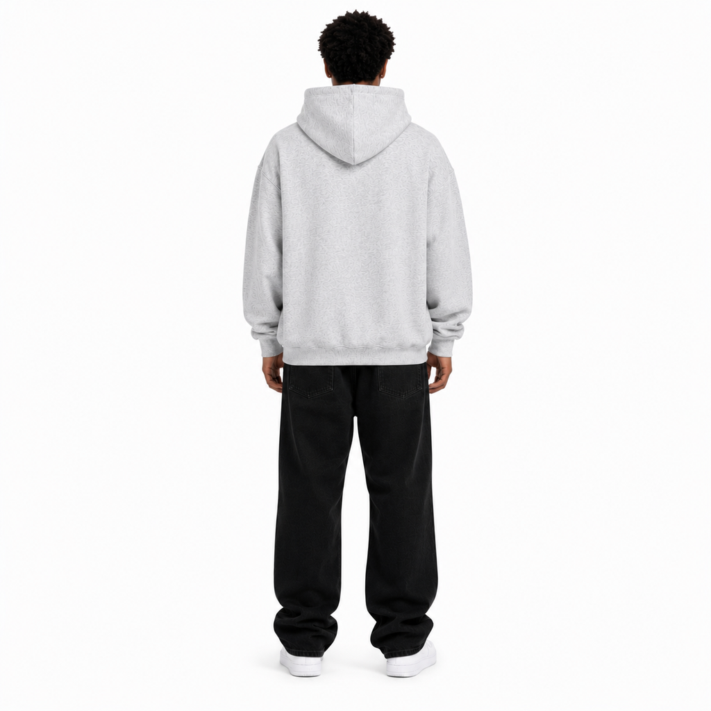 Full-body back view of model wearing Christ Is King Forever gray hoodie