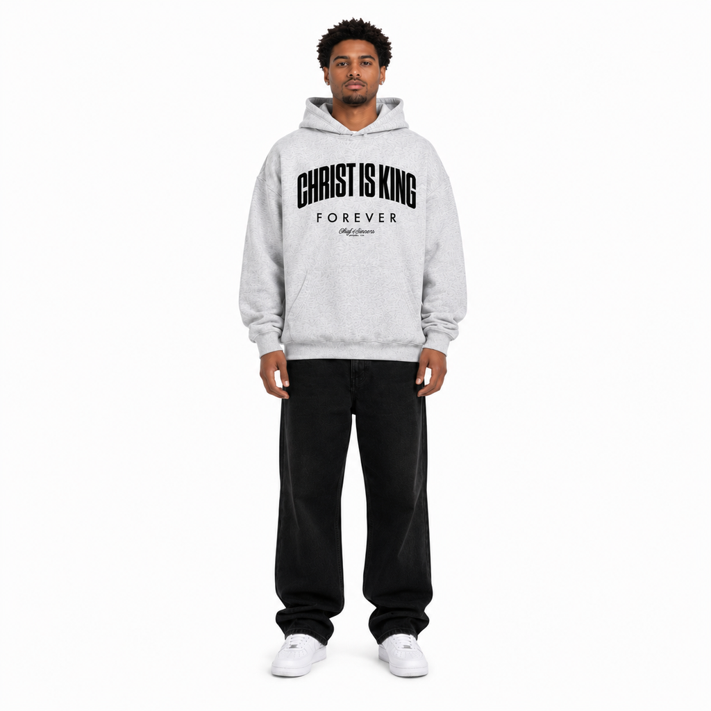 Full-body front view of model wearing Christ Is King Forever gray hoodie