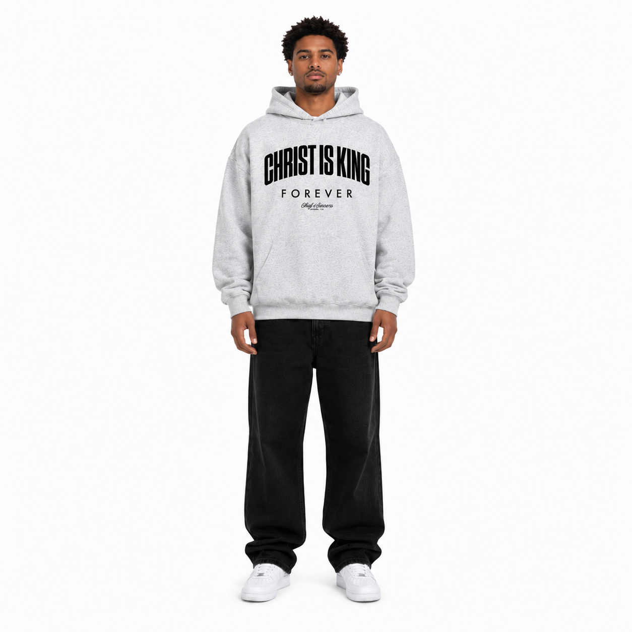Full-body front view of model wearing Christ Is King Forever gray hoodie
