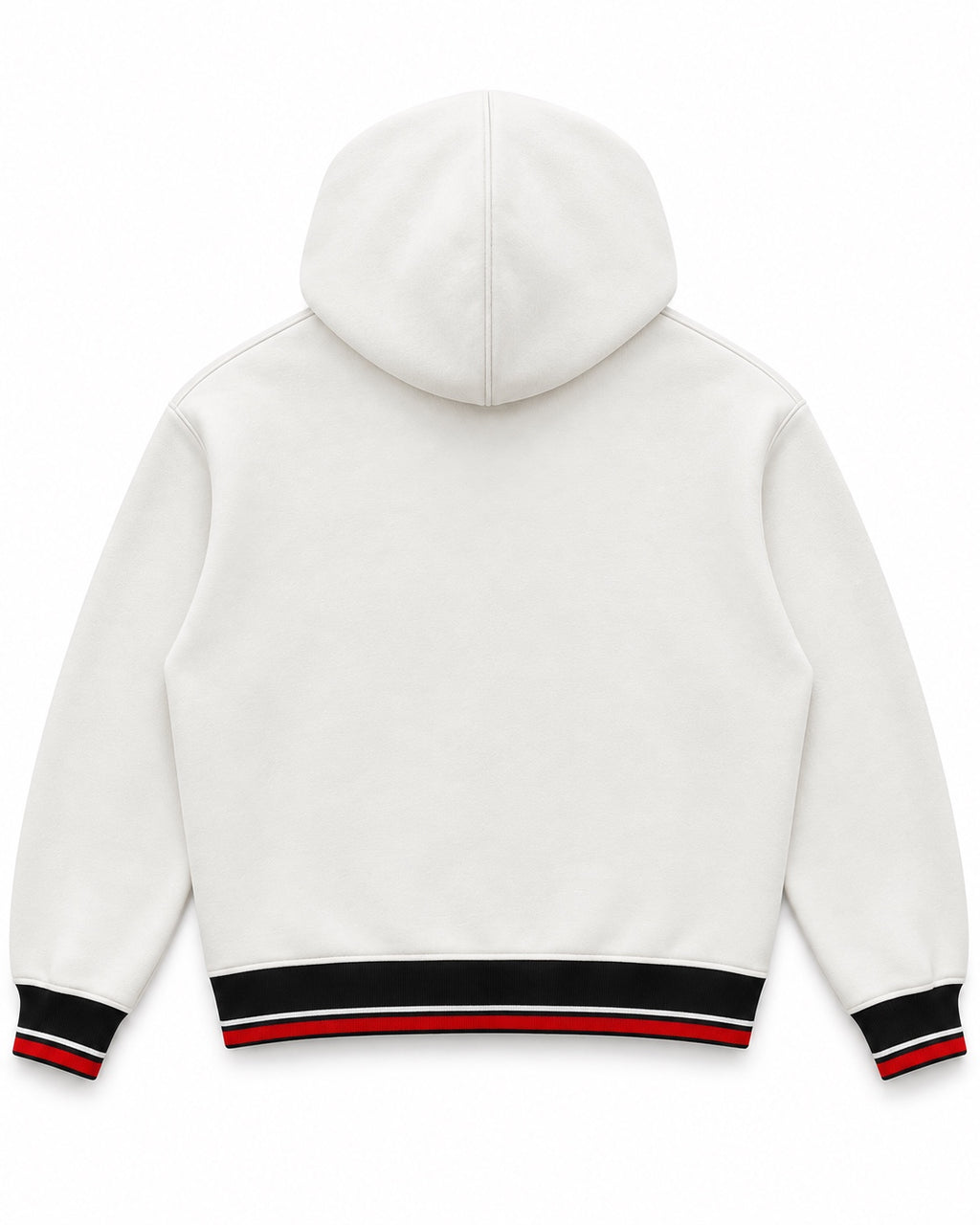Back view of the Chief Of Sinners CHRIST IS KING FOREVER Varsity Hoodie in white, with a plain back, hood, and black, white, and red striped ribbed cuffs and hem.