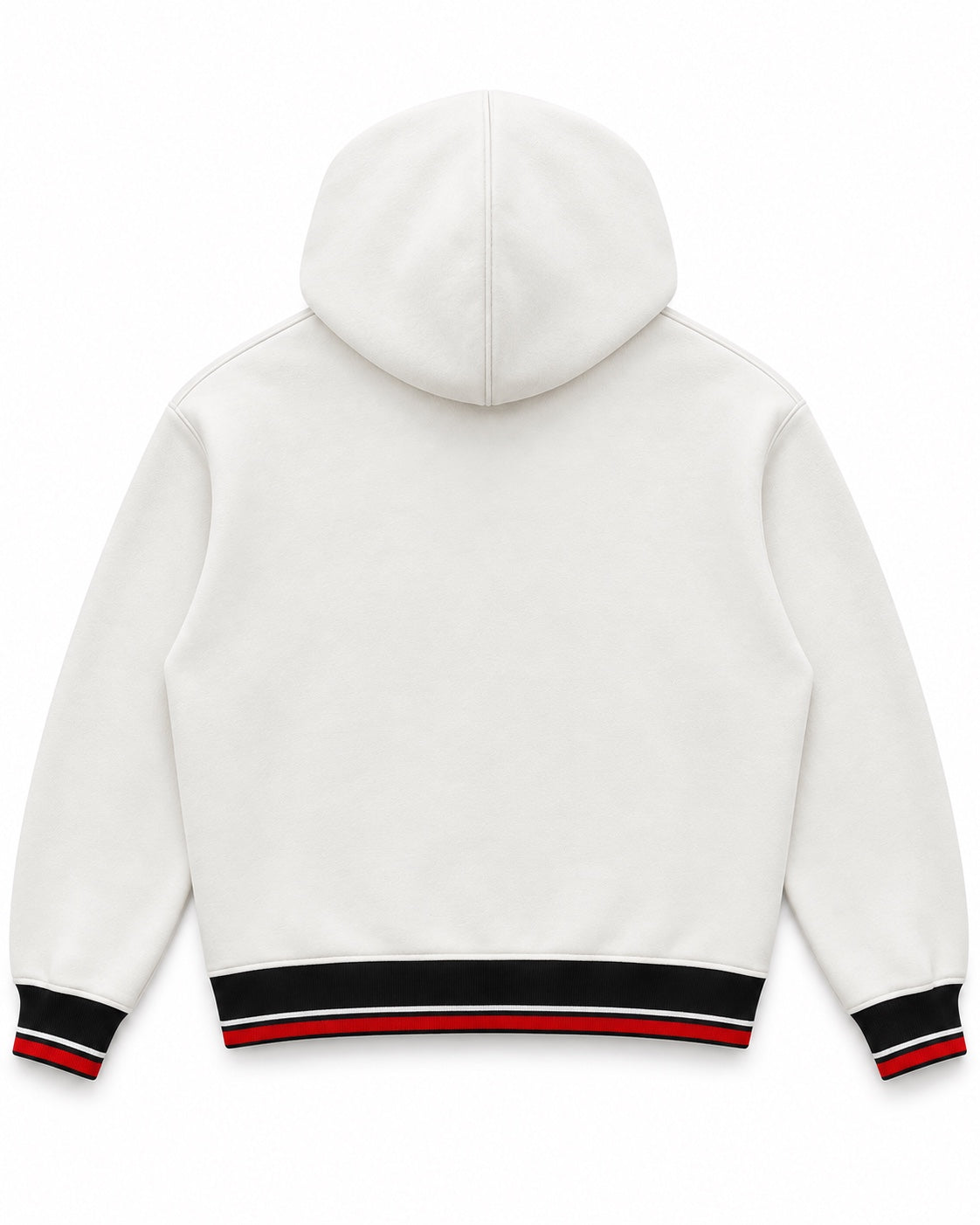 Back view of the Chief Of Sinners CHRIST IS KING FOREVER Varsity Hoodie in white, with a plain back, hood, and black, white, and red striped ribbed cuffs and hem.