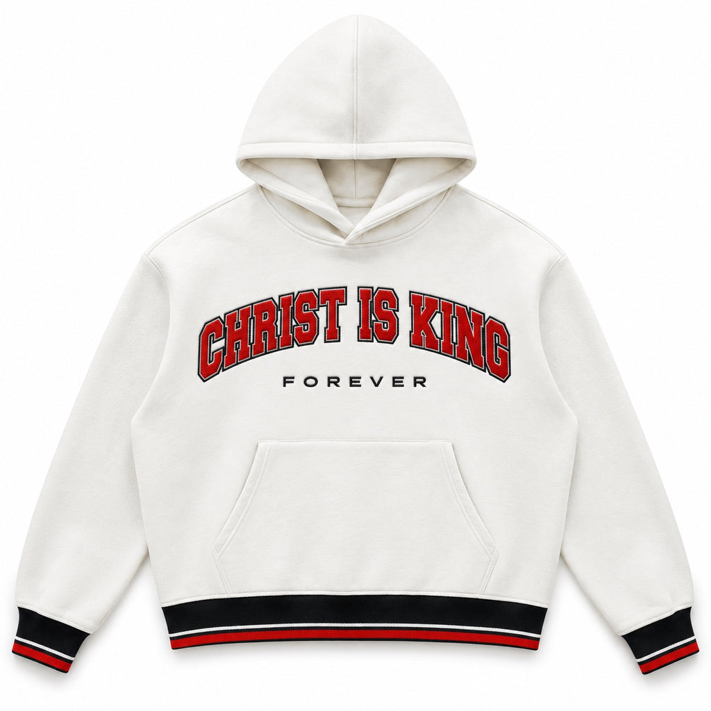 Chief Of Sinners CHRIST IS KING FOREVER Varsity Hoodie, front view, white body with red lettering and black, white, and red striped trim.