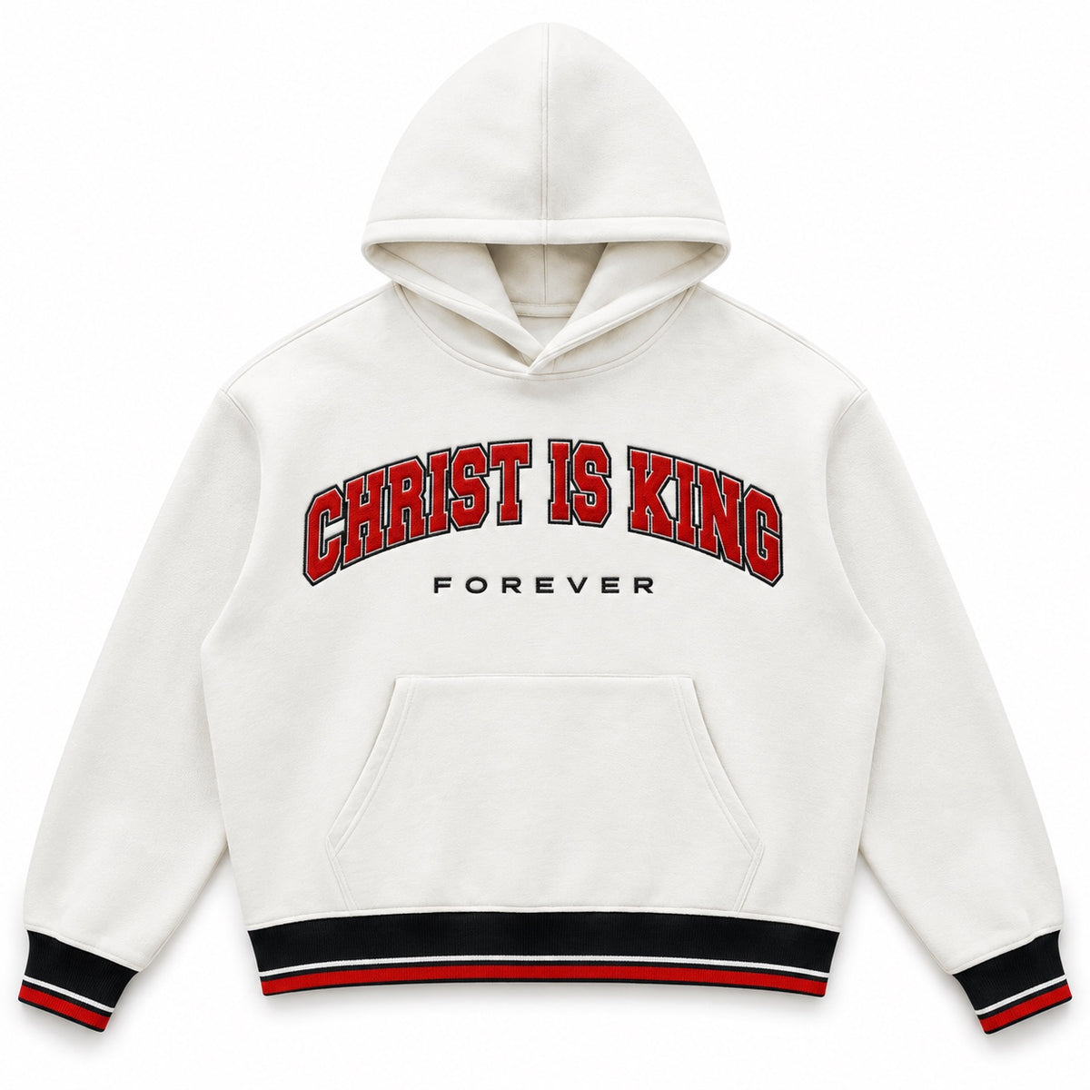 Chief Of Sinners CHRIST IS KING FOREVER Varsity Hoodie, front view, white body with red lettering and black, white, and red striped trim.