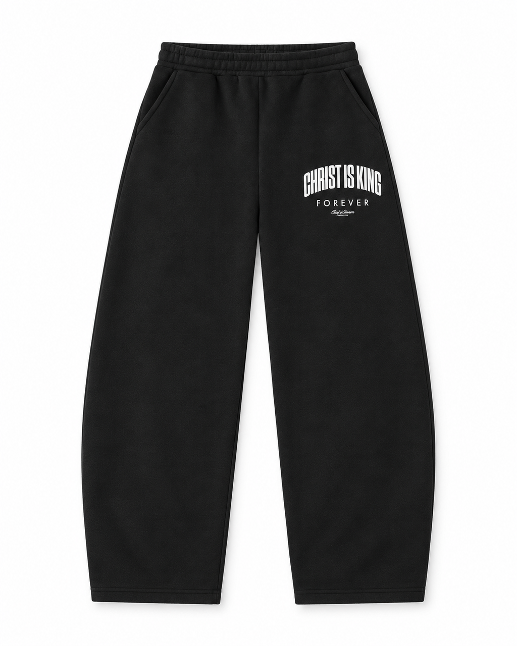 Chief Of Sinners Unisex Barrel Leg Sweatpants — Black bottoms, front flatlay