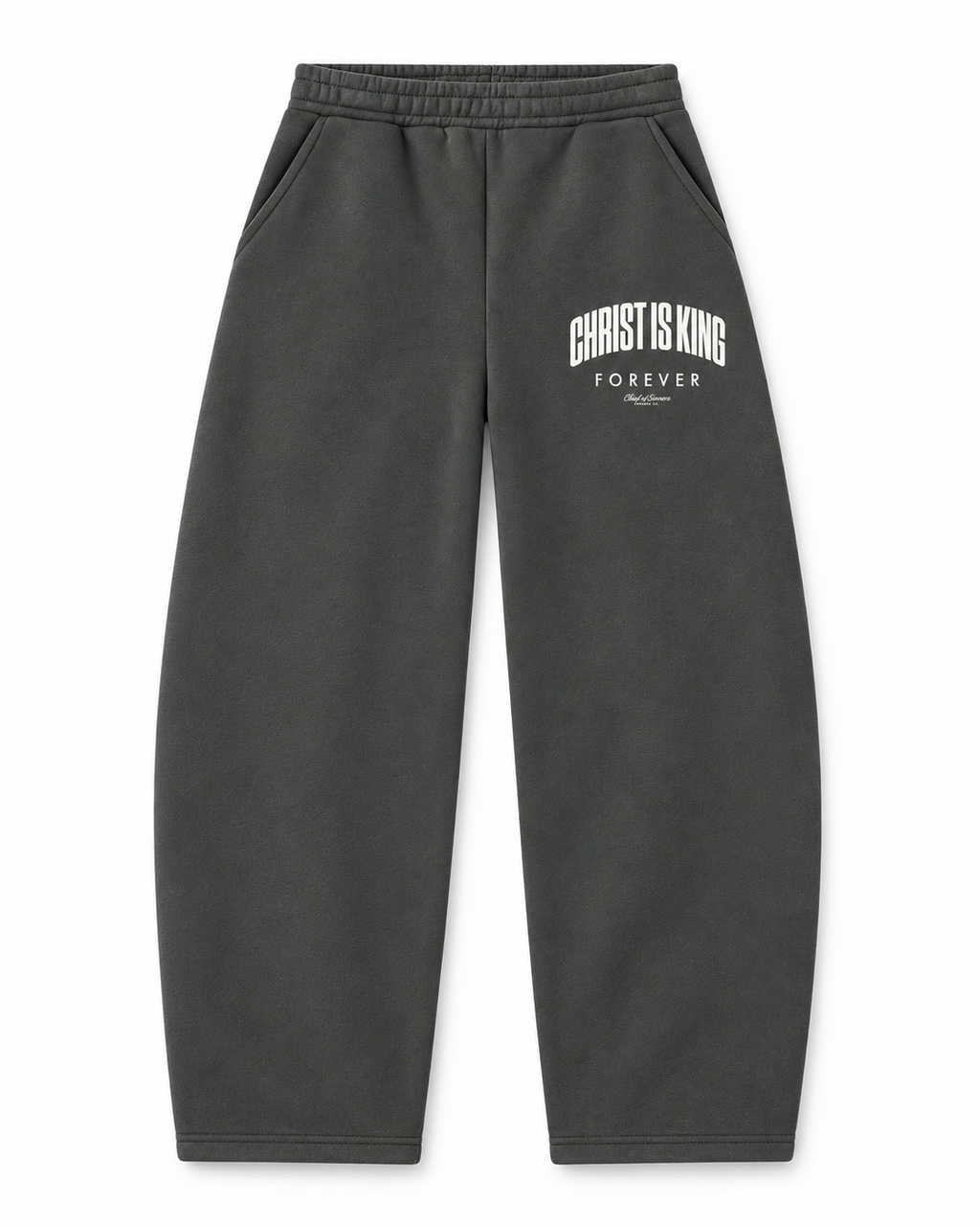 Chief Of Sinners Unisex Barrel Leg Sweatpants — Dark Gray bottoms, front flatlay