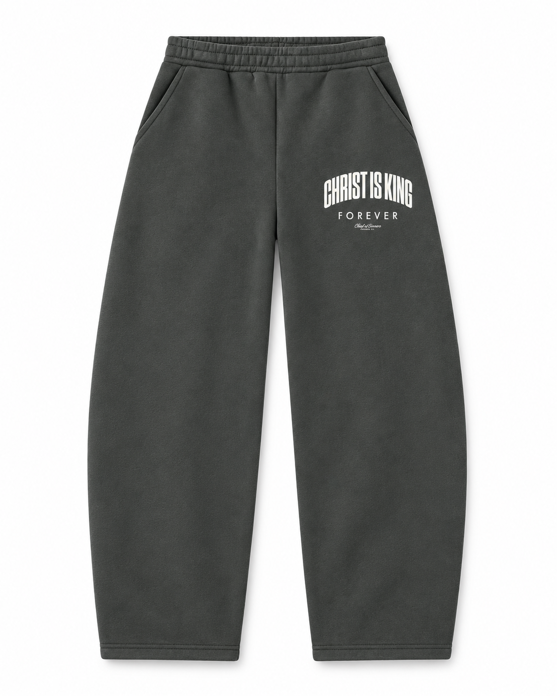 Chief Of Sinners Unisex Barrel Leg Sweatpants — Dark Gray bottoms, front flatlay