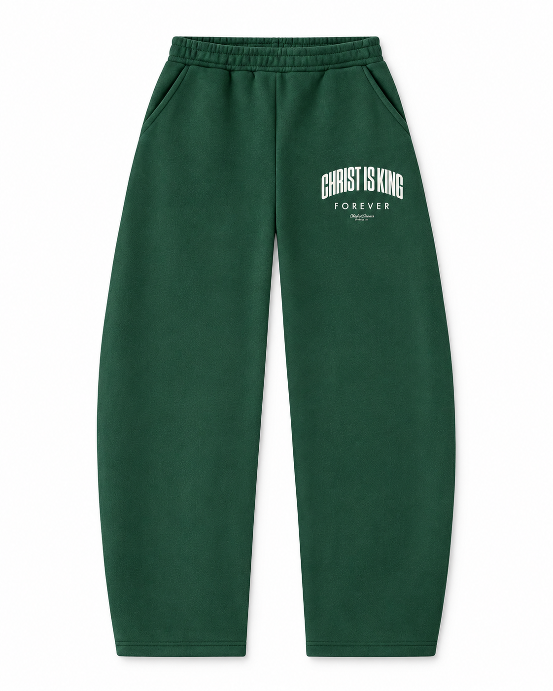 Chief Of Sinners Unisex Barrel Leg Sweatpants — Dark Green bottoms, front flatlay