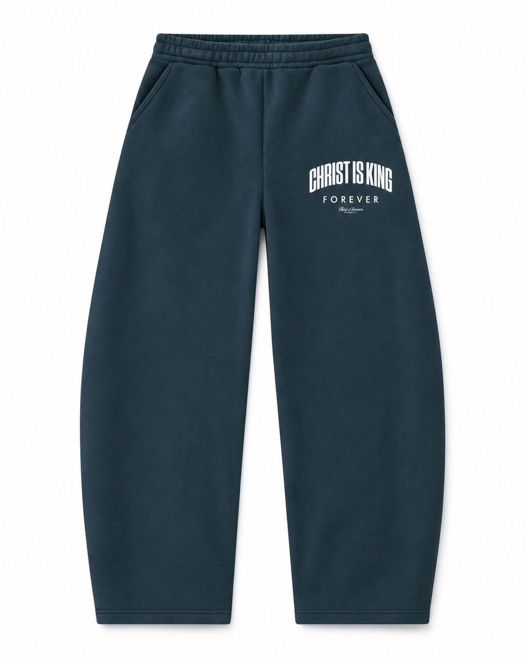 Chief Of Sinners Unisex Barrel Leg Sweatpants — Navy Blue bottoms, front flatlay