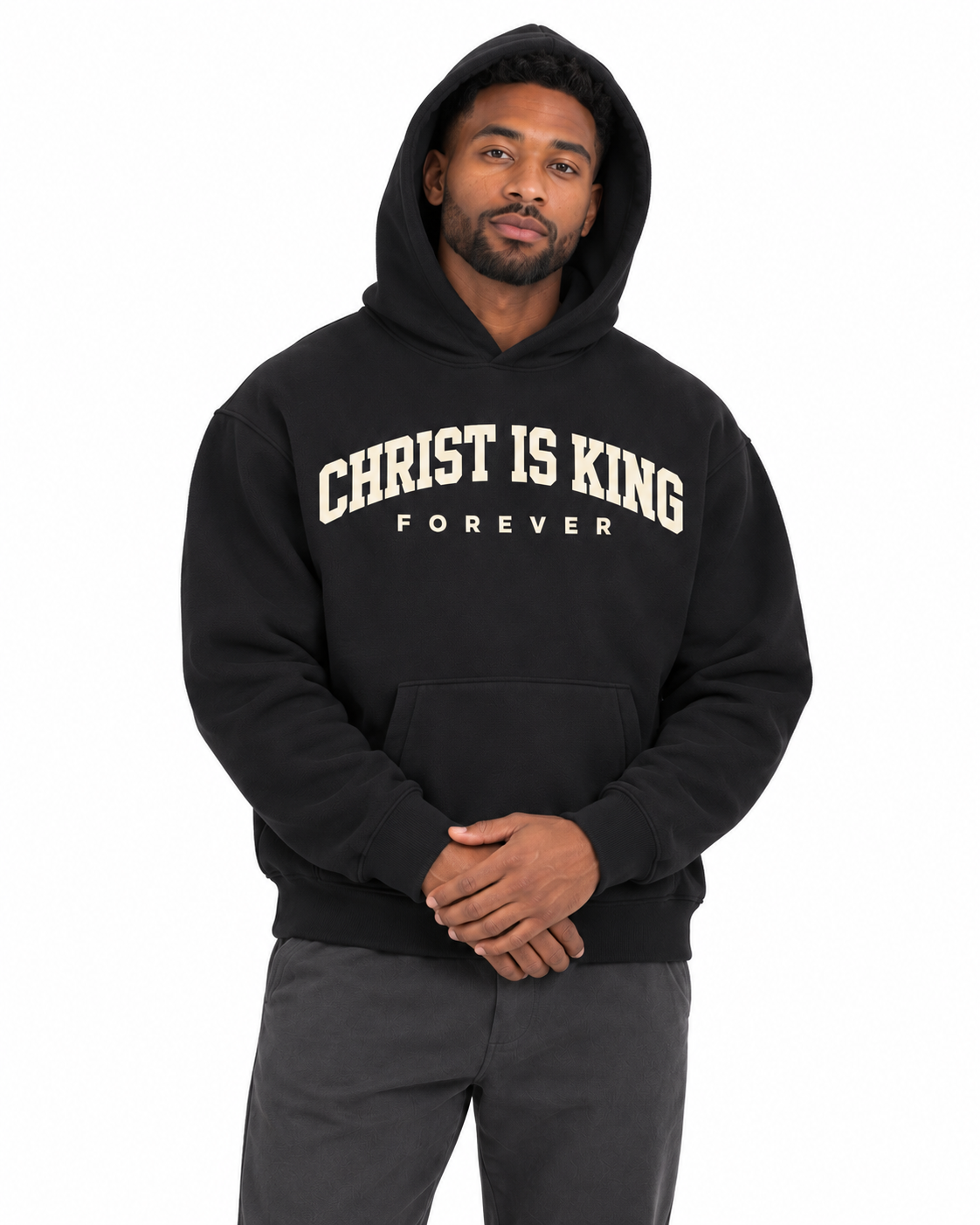 Chief Of Sinners Essential Oversized Boxy Fit Fleece Hoodie — Black hoodie, male close-up