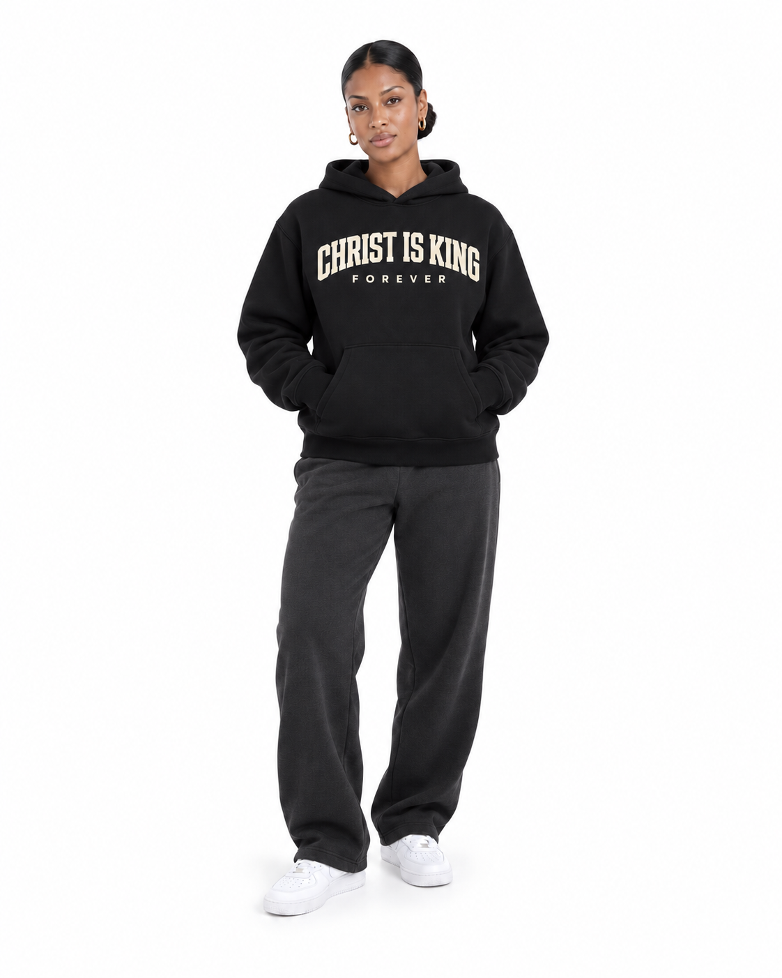 Chief Of Sinners Essential Oversized Boxy Fit Fleece Hoodie — Black hoodie, female front
