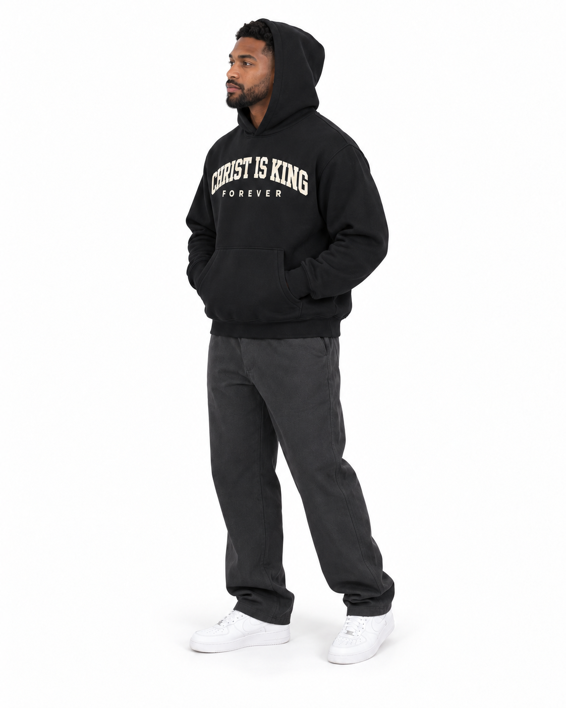Chief Of Sinners Essential Oversized Boxy Fit Fleece Hoodie — Black hoodie, male three-quarter