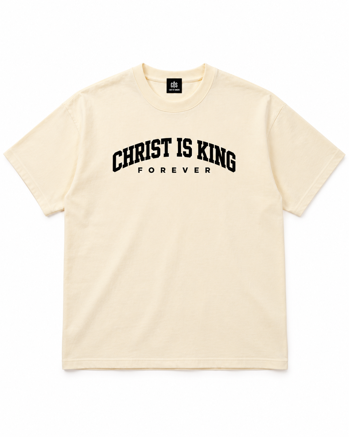 Chief Of Sinners Christ Is King Drop Shoulder Tee Cream — Milk Apricot tee, front flatlay