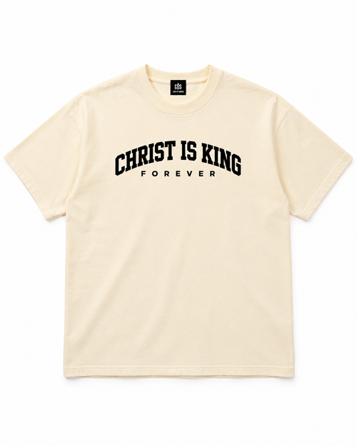 Chief Of Sinners Christ Is King Drop Shoulder Tee Cream — Milk Apricot tee, front flatlay