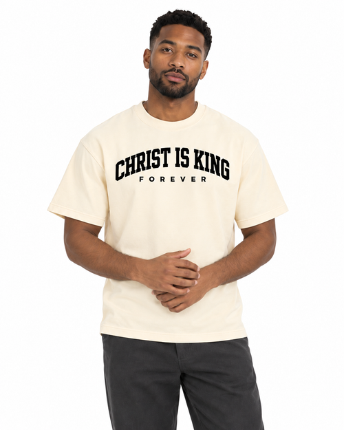 Chief Of Sinners Christ Is King Drop Shoulder Tee Cream — Milk Apricot tee, male close-up