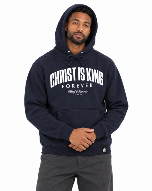 Chief Of Sinners Christ Is King Navy Hoodie — Classic Navy hoodie, male close-up