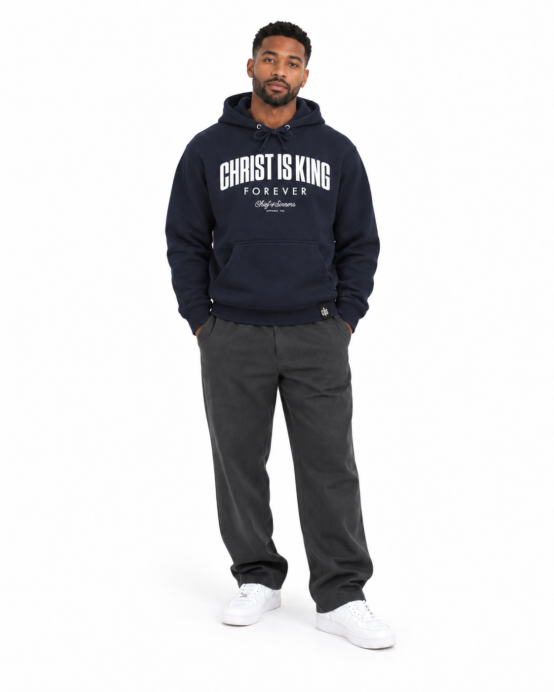 Chief Of Sinners Christ Is King Navy Hoodie — Classic Navy hoodie, male front