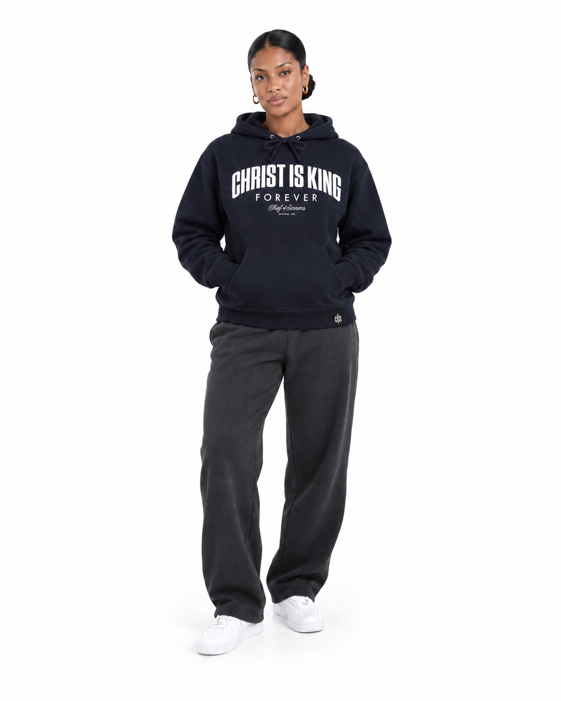 Chief Of Sinners Christ Is King Navy Hoodie — Classic Navy hoodie, female front