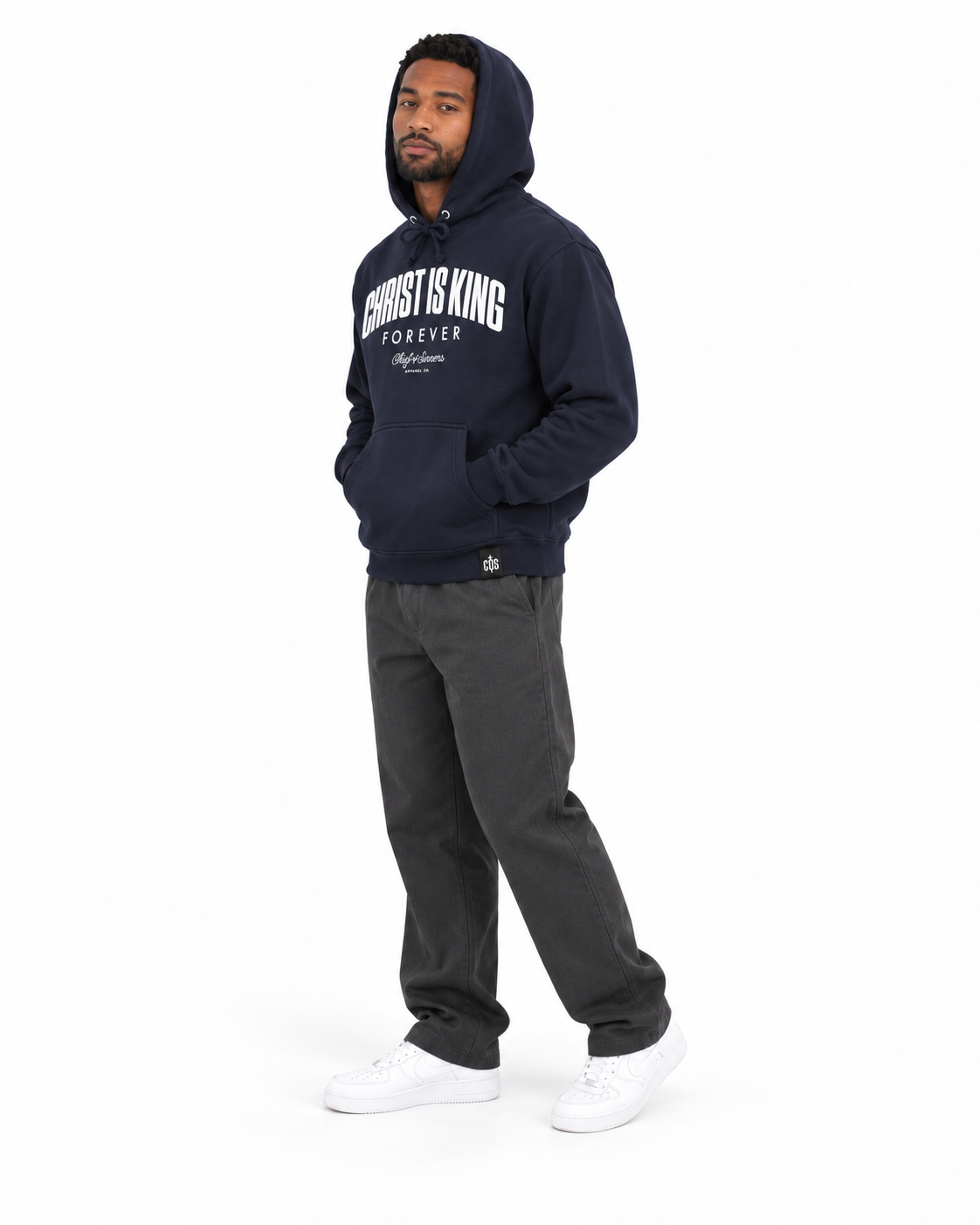 Chief Of Sinners Christ Is King Navy Hoodie — Classic Navy hoodie, male three-quarter