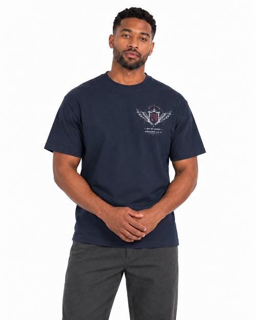 Chief Of Sinners Classic Streetwear T Shirt — navy tee, male close-up