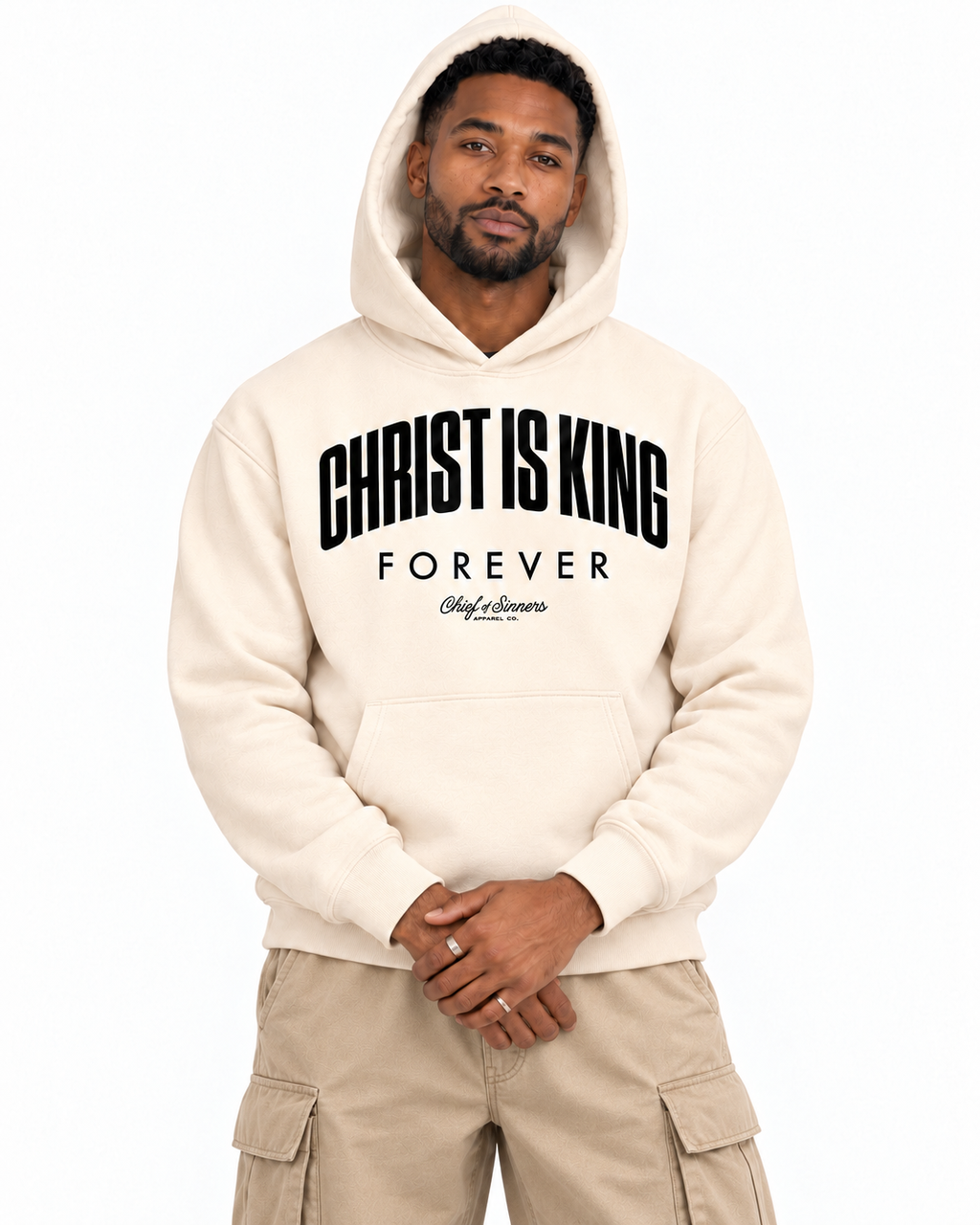 Chief Of Sinners Unisex Fleece Regular Shoulder Hoodie — Apricot hoodie, male close-up