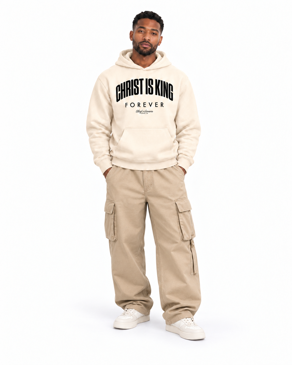 Chief Of Sinners Unisex Fleece Regular Shoulder Hoodie — Apricot hoodie, male front outfit