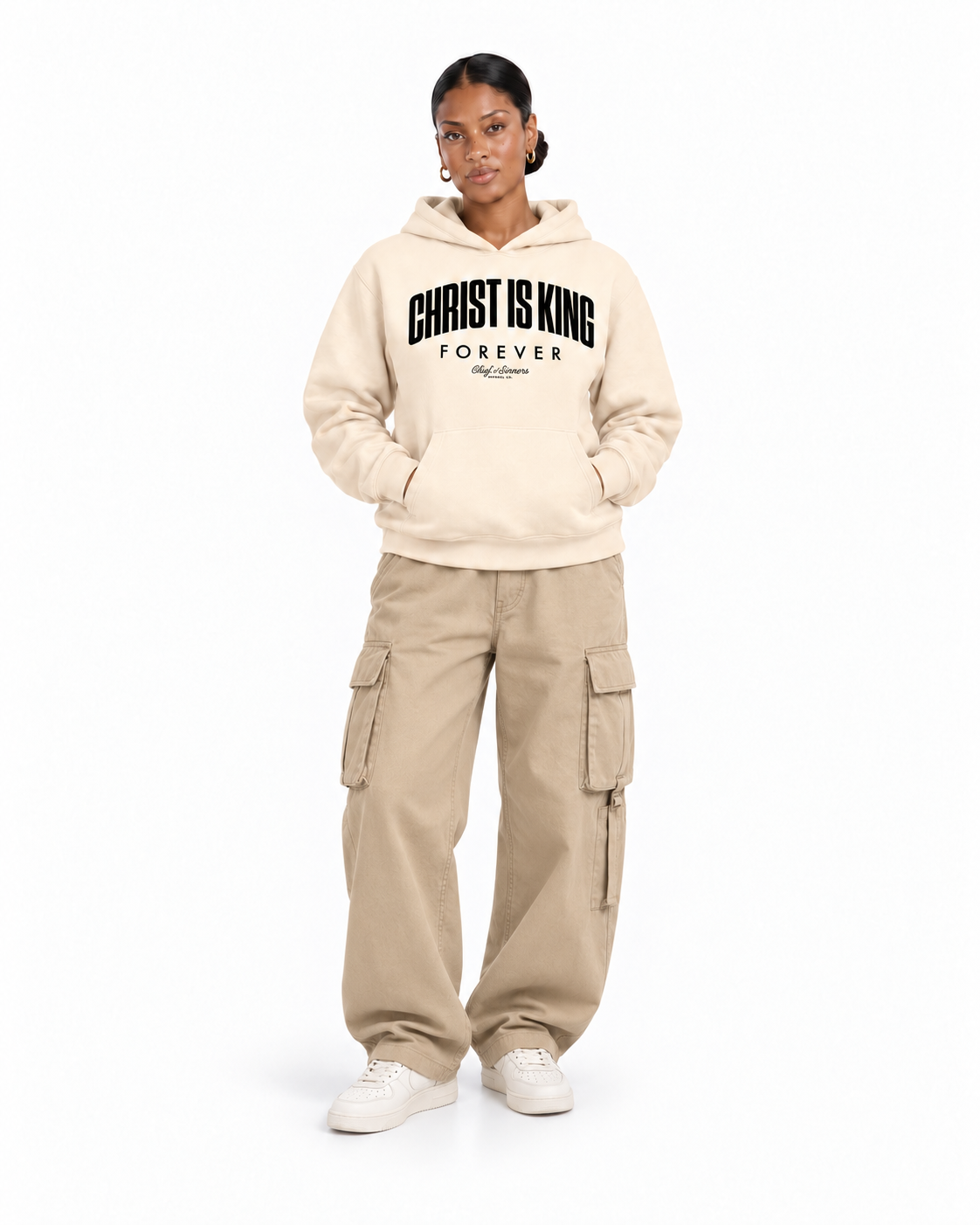 Chief Of Sinners Unisex Fleece Regular Shoulder Hoodie — Apricot hoodie, female front outfit