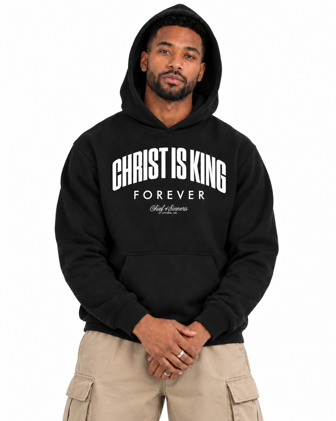 Chief Of Sinners Unisex Fleece Regular Shoulder Hoodie — Black hoodie, male close-up