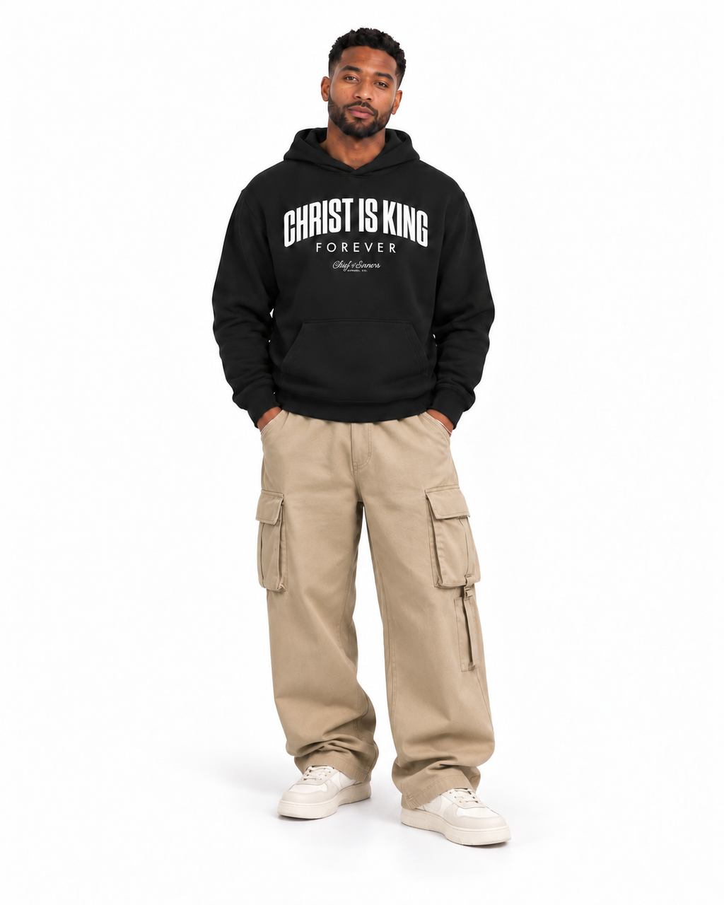 Chief Of Sinners Unisex Fleece Regular Shoulder Hoodie — Black hoodie, male front outfit
