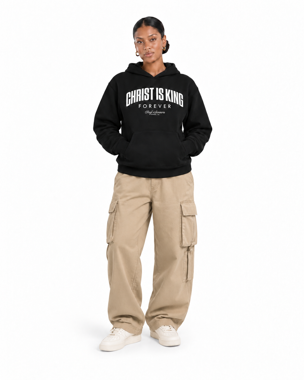 Chief Of Sinners Unisex Fleece Regular Shoulder Hoodie — Black hoodie, female front outfit