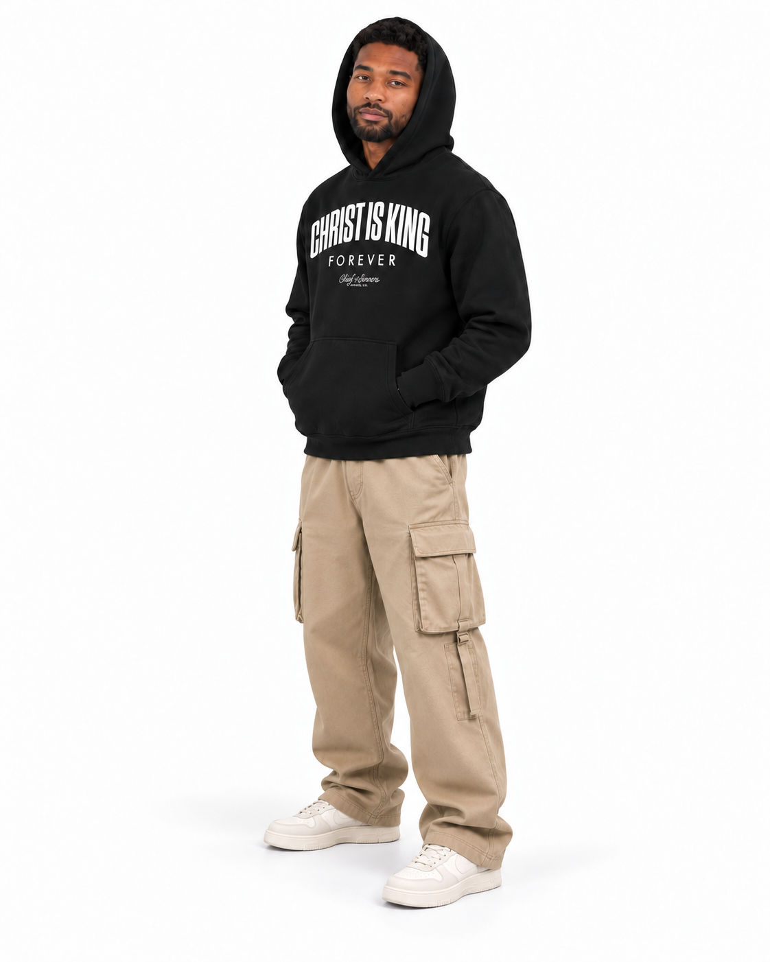 Chief Of Sinners Unisex Fleece Regular Shoulder Hoodie — Black hoodie, male three-quarter outfit