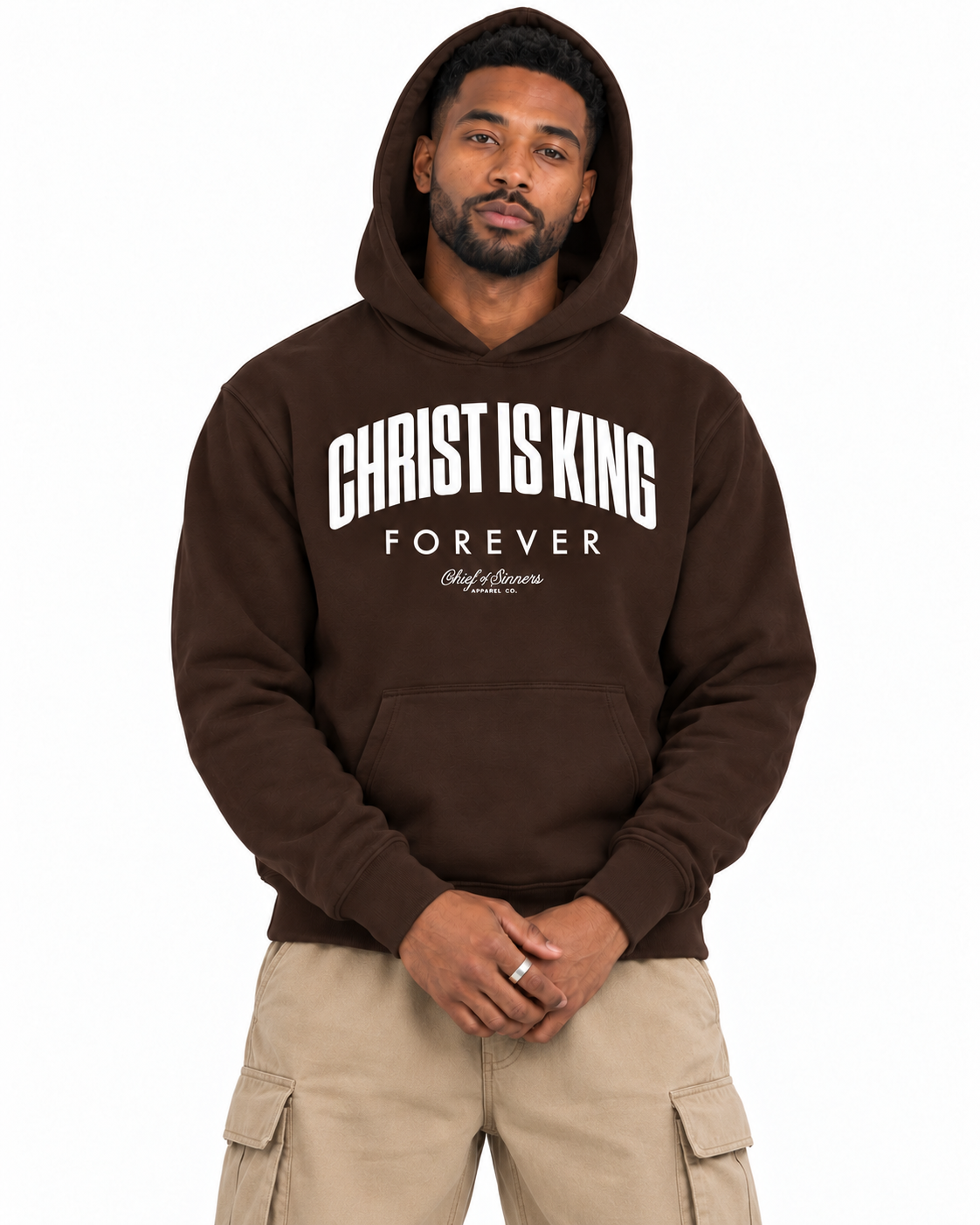 Chief Of Sinners Unisex Fleece Regular Shoulder Hoodie — Coffee hoodie, male close-up