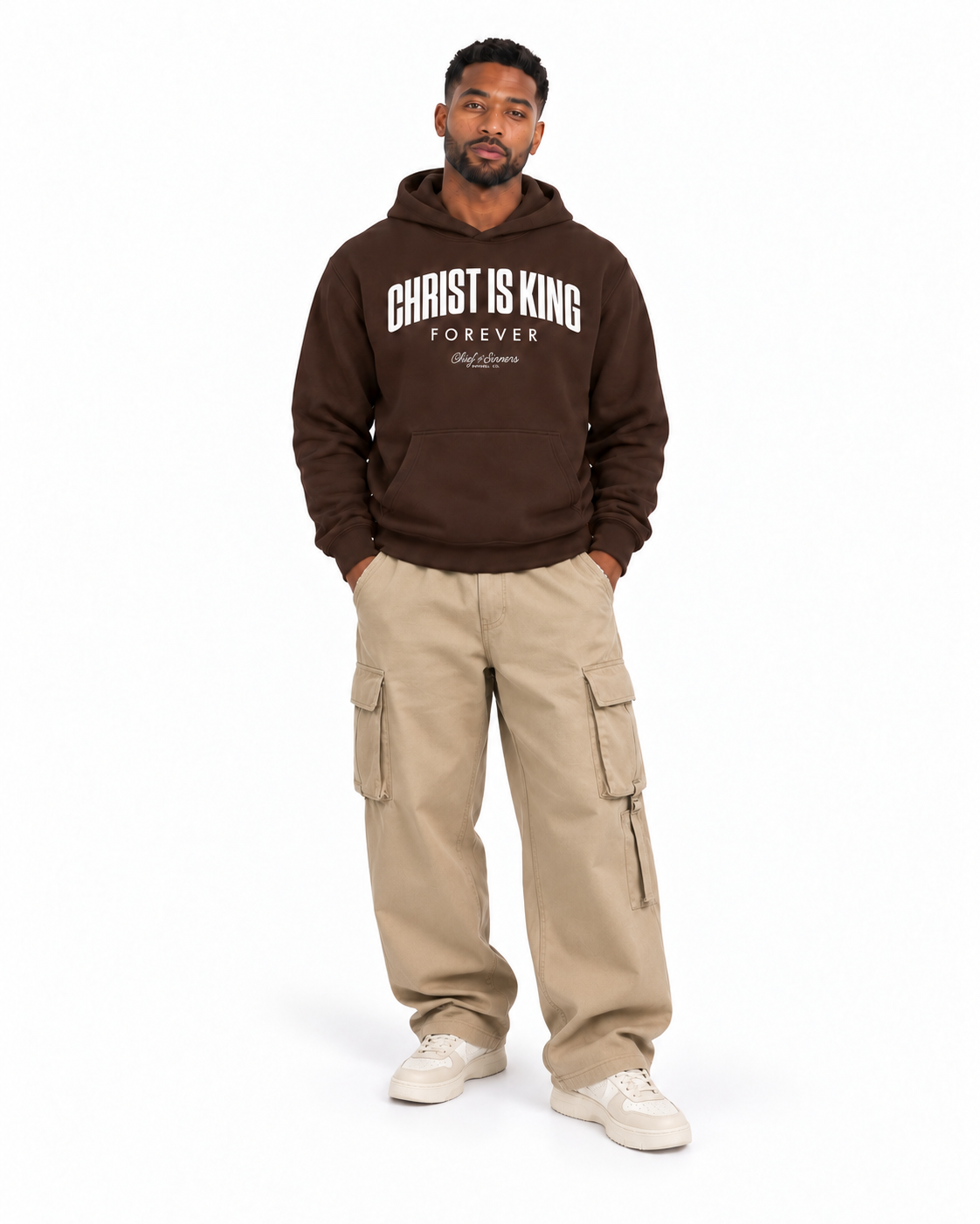 Chief Of Sinners Unisex Fleece Regular Shoulder Hoodie — Coffee hoodie, male front outfit