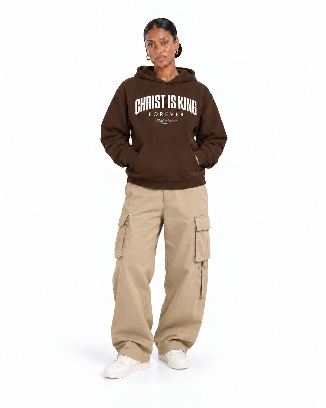Chief Of Sinners Unisex Fleece Regular Shoulder Hoodie — Coffee hoodie, female front outfit