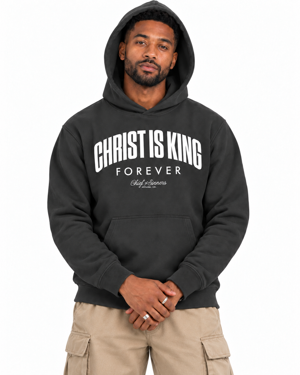 Chief Of Sinners Unisex Fleece Regular Shoulder Hoodie — Dark Gray hoodie, male close-up