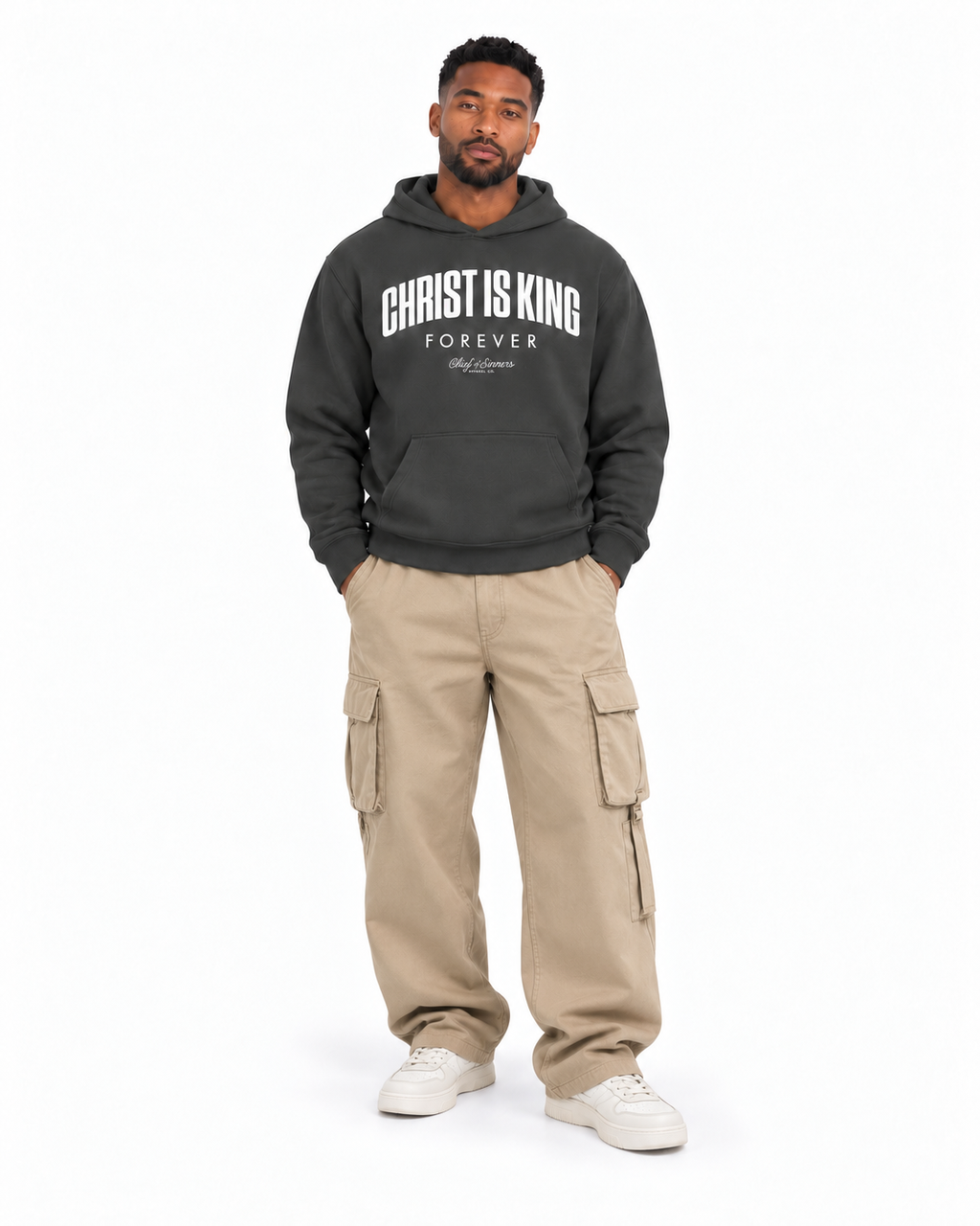 Chief Of Sinners Unisex Fleece Regular Shoulder Hoodie — Dark Gray hoodie, male front outfit