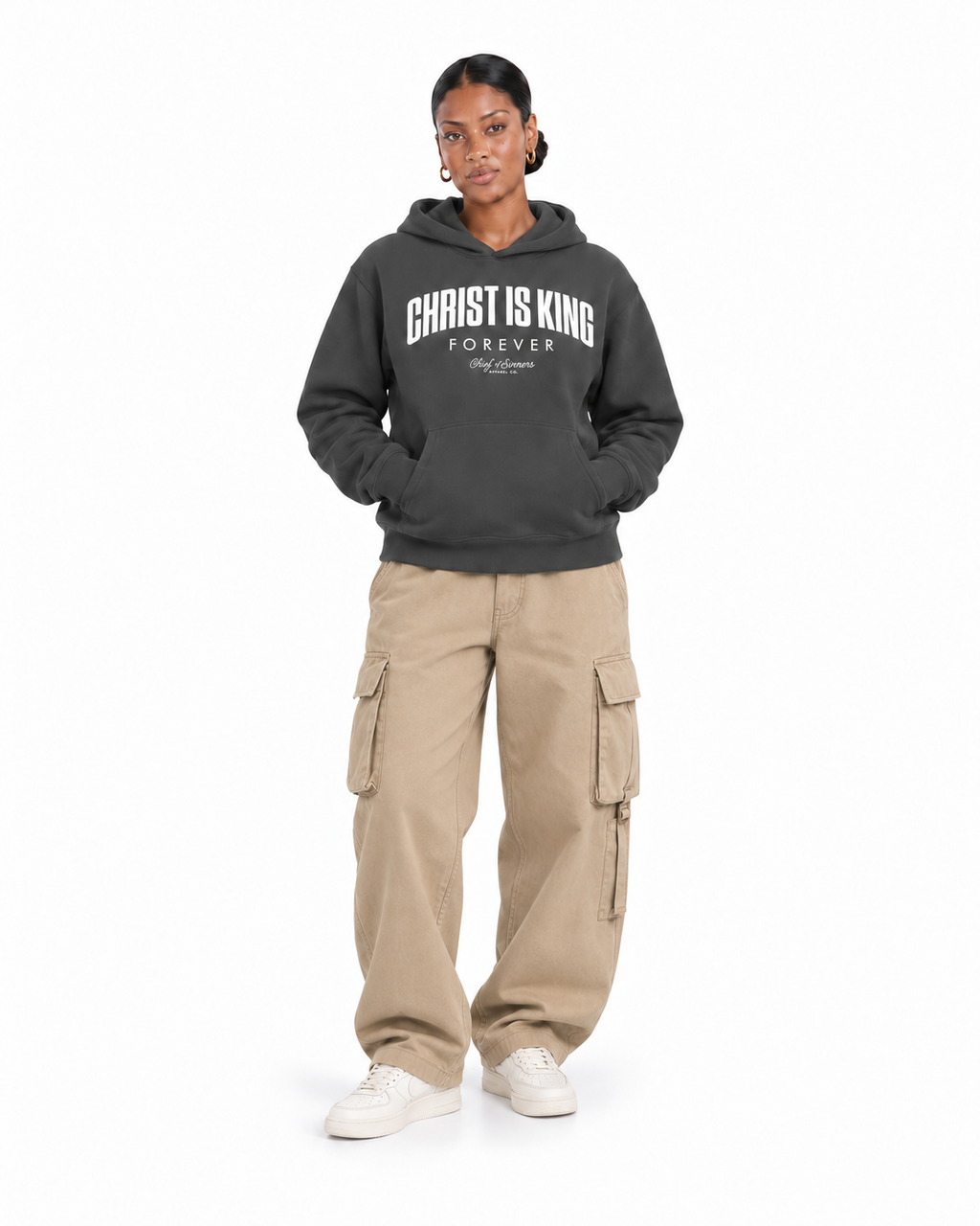 Chief Of Sinners Unisex Fleece Regular Shoulder Hoodie — Dark Gray hoodie, female front outfit