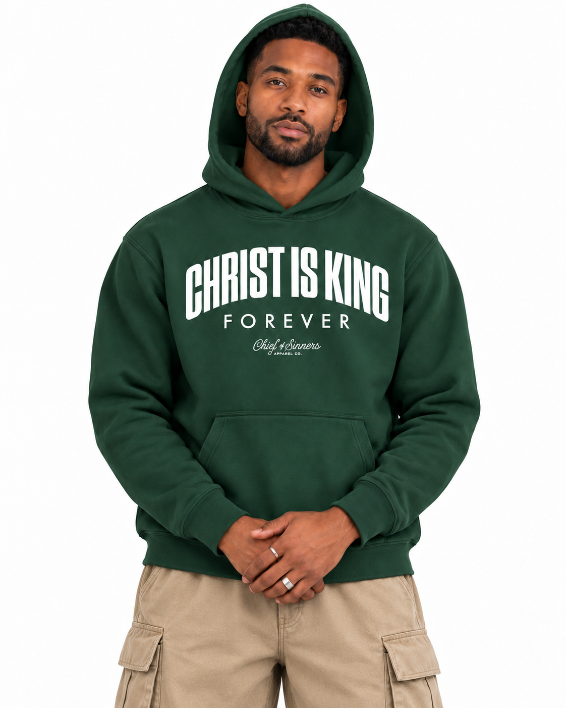 Chief Of Sinners Unisex Fleece Regular Shoulder Hoodie — Dark Green hoodie, male close-up