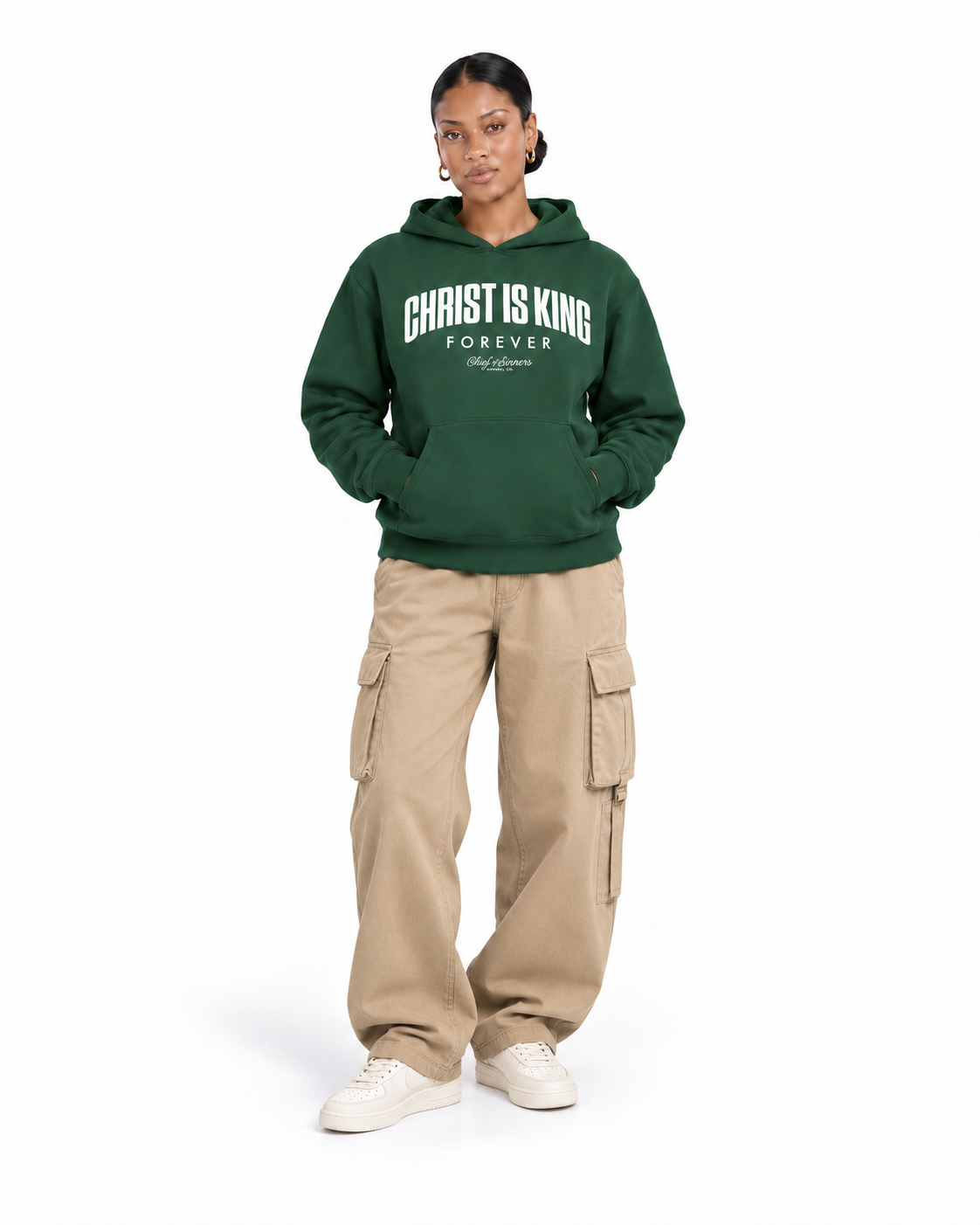 Chief Of Sinners Unisex Fleece Regular Shoulder Hoodie — Dark Green hoodie, female front outfit