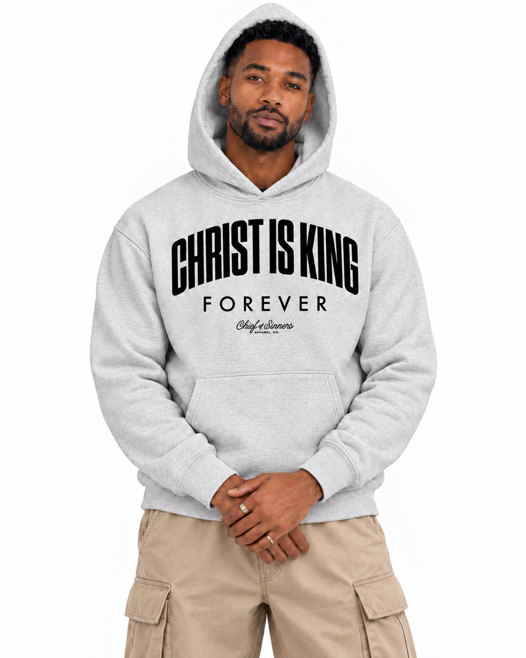 Chief Of Sinners Unisex Fleece Regular Shoulder Hoodie — Flower Gray hoodie, male close-up