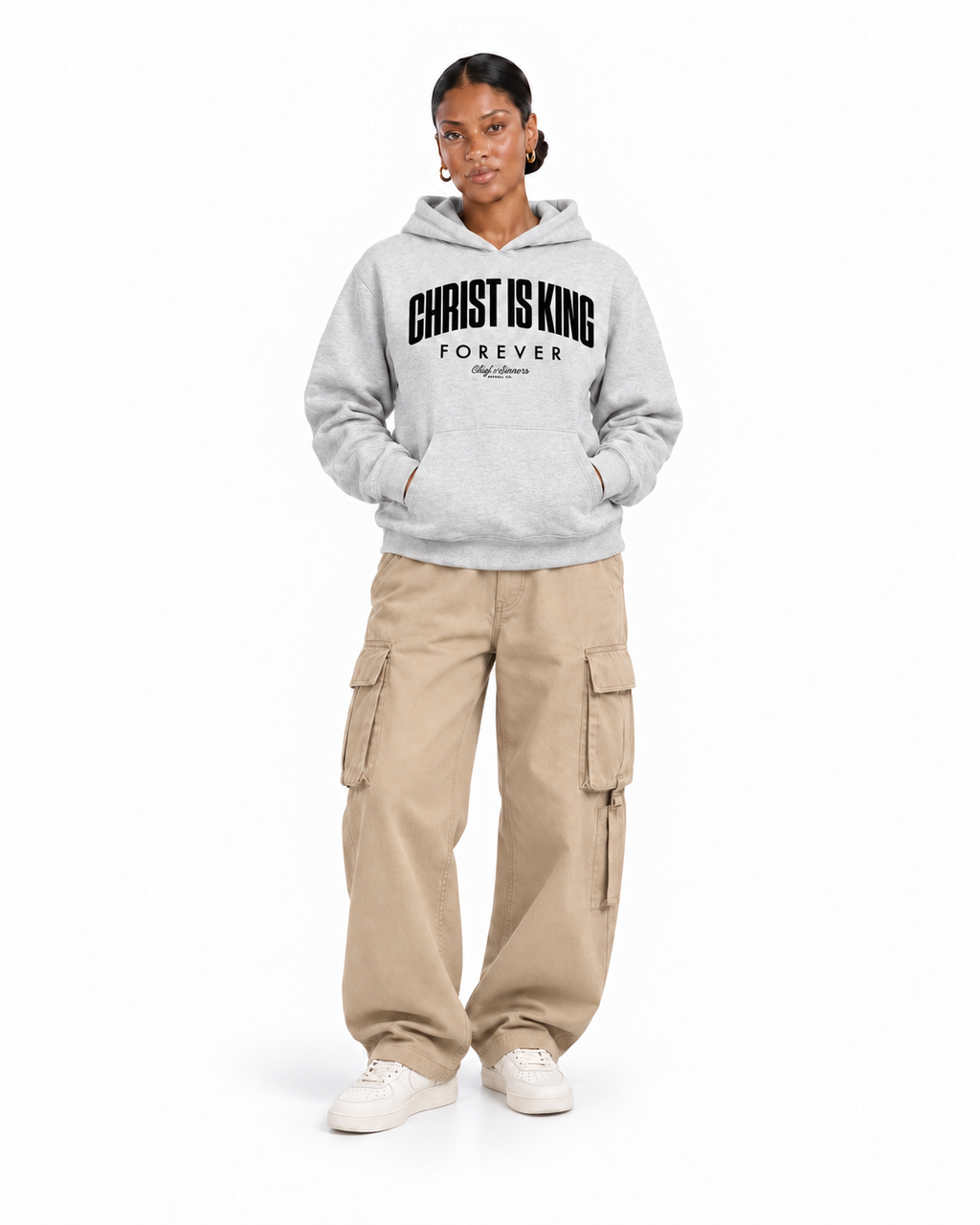 Chief Of Sinners Unisex Fleece Regular Shoulder Hoodie — Flower Gray hoodie, female front outfit