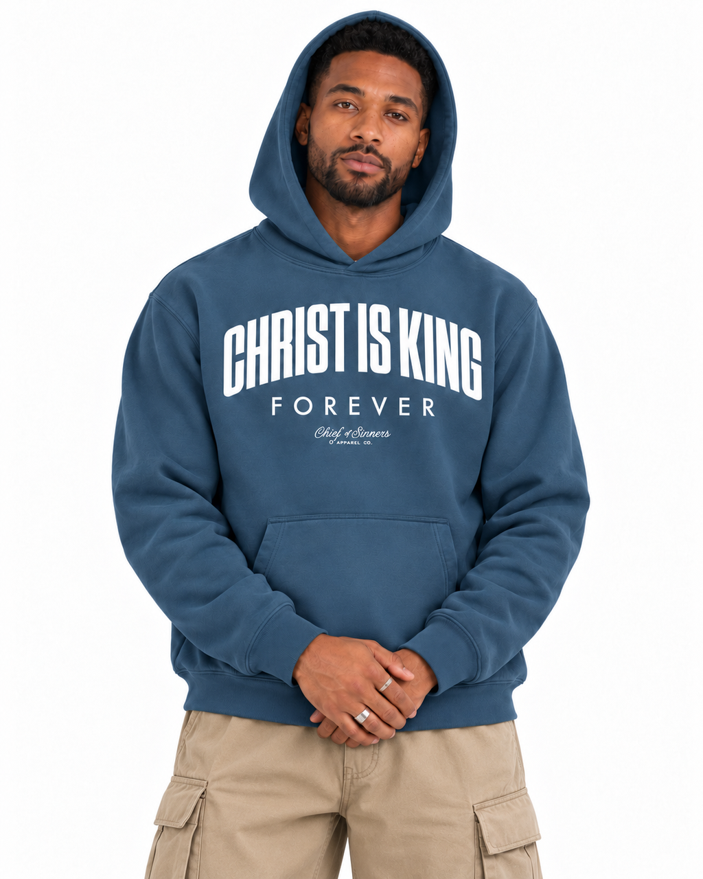 Chief Of Sinners Unisex Fleece Regular Shoulder Hoodie — Haze Blue hoodie, male close-up