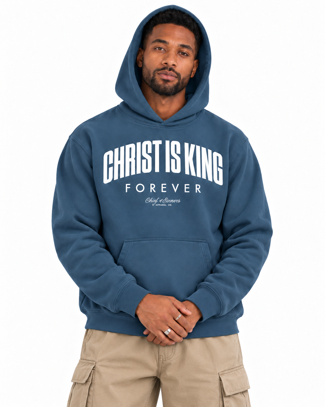 Chief Of Sinners Unisex Fleece Regular Shoulder Hoodie — Haze Blue hoodie, male close-up