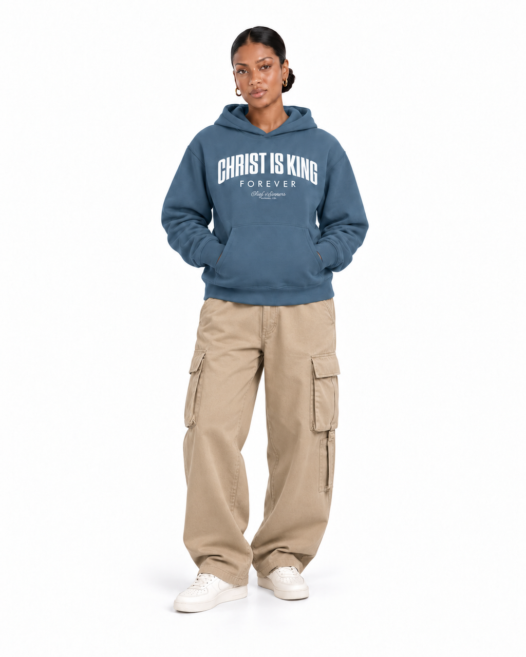 Chief Of Sinners Unisex Fleece Regular Shoulder Hoodie — Haze Blue hoodie, female front outfit