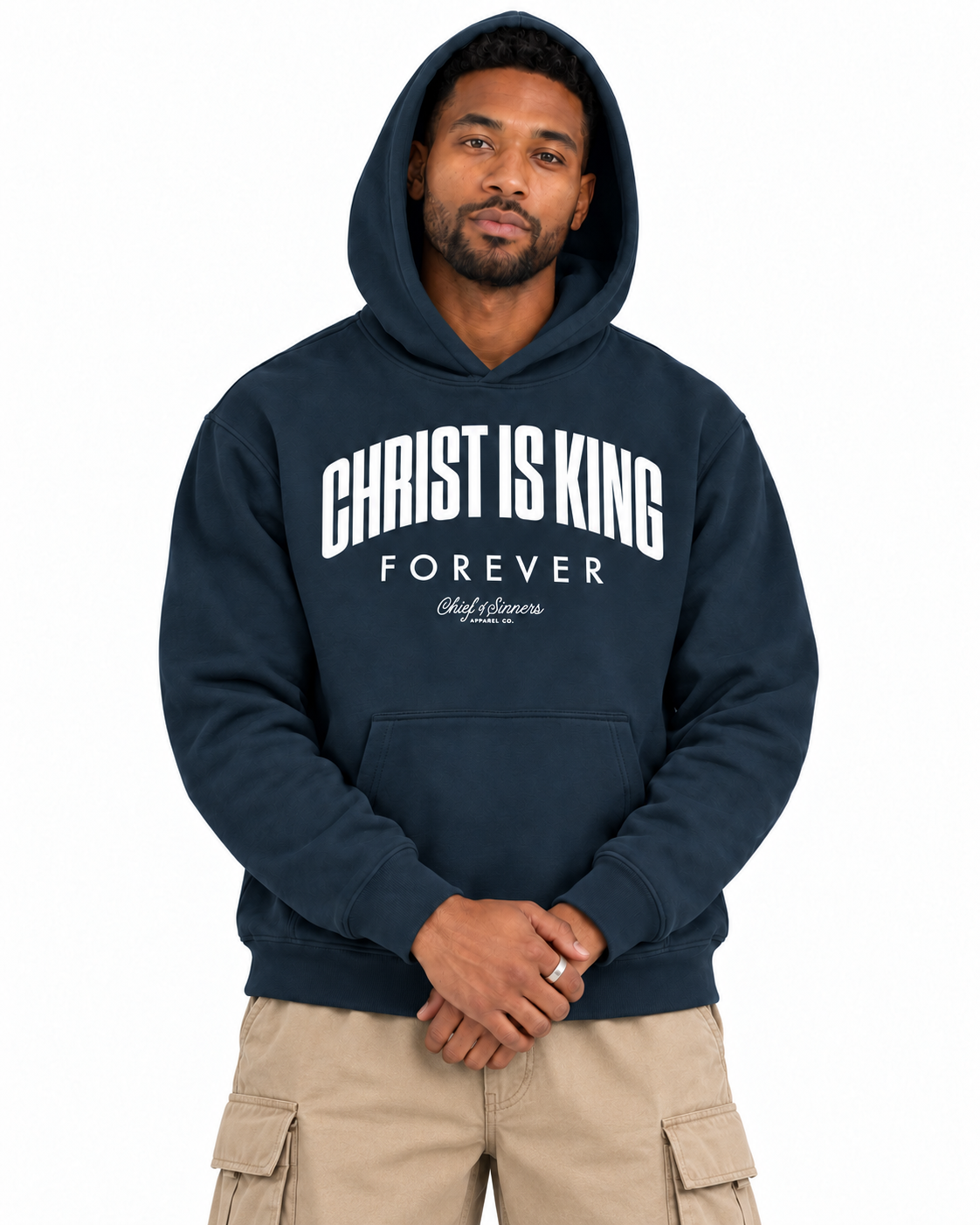 Chief Of Sinners Unisex Fleece Regular Shoulder Hoodie — Navy Blue hoodie, male close-up