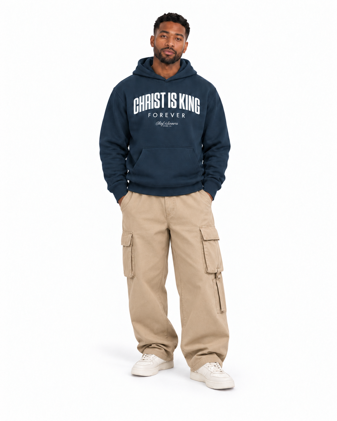 Chief Of Sinners Unisex Fleece Regular Shoulder Hoodie — Navy Blue hoodie, male front outfit
