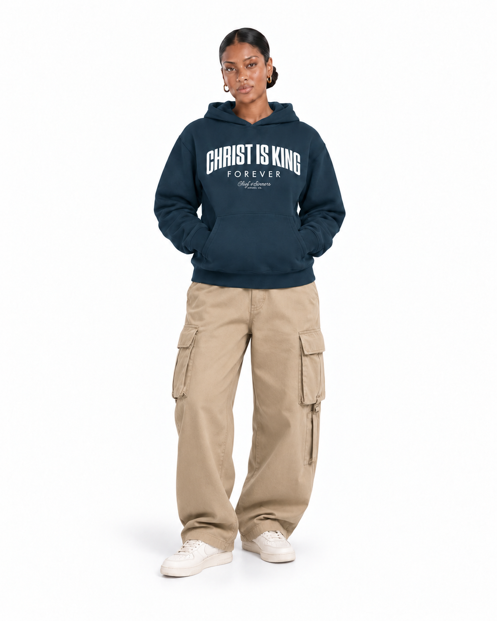 Chief Of Sinners Unisex Fleece Regular Shoulder Hoodie — Navy Blue hoodie, female front outfit