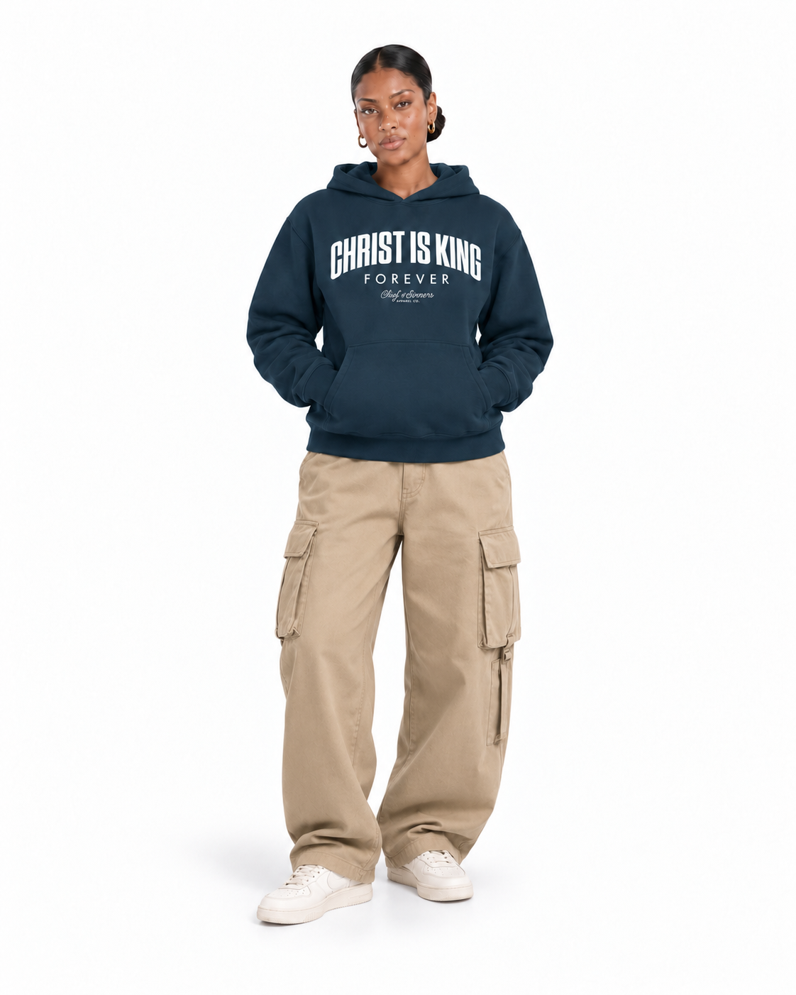 Chief Of Sinners Unisex Fleece Regular Shoulder Hoodie — Navy Blue hoodie, female front outfit