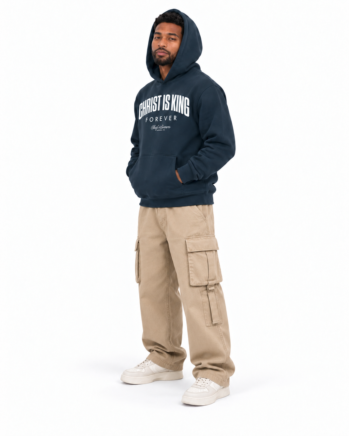 Chief Of Sinners Unisex Fleece Regular Shoulder Hoodie — Navy Blue hoodie, male three-quarter outfit
