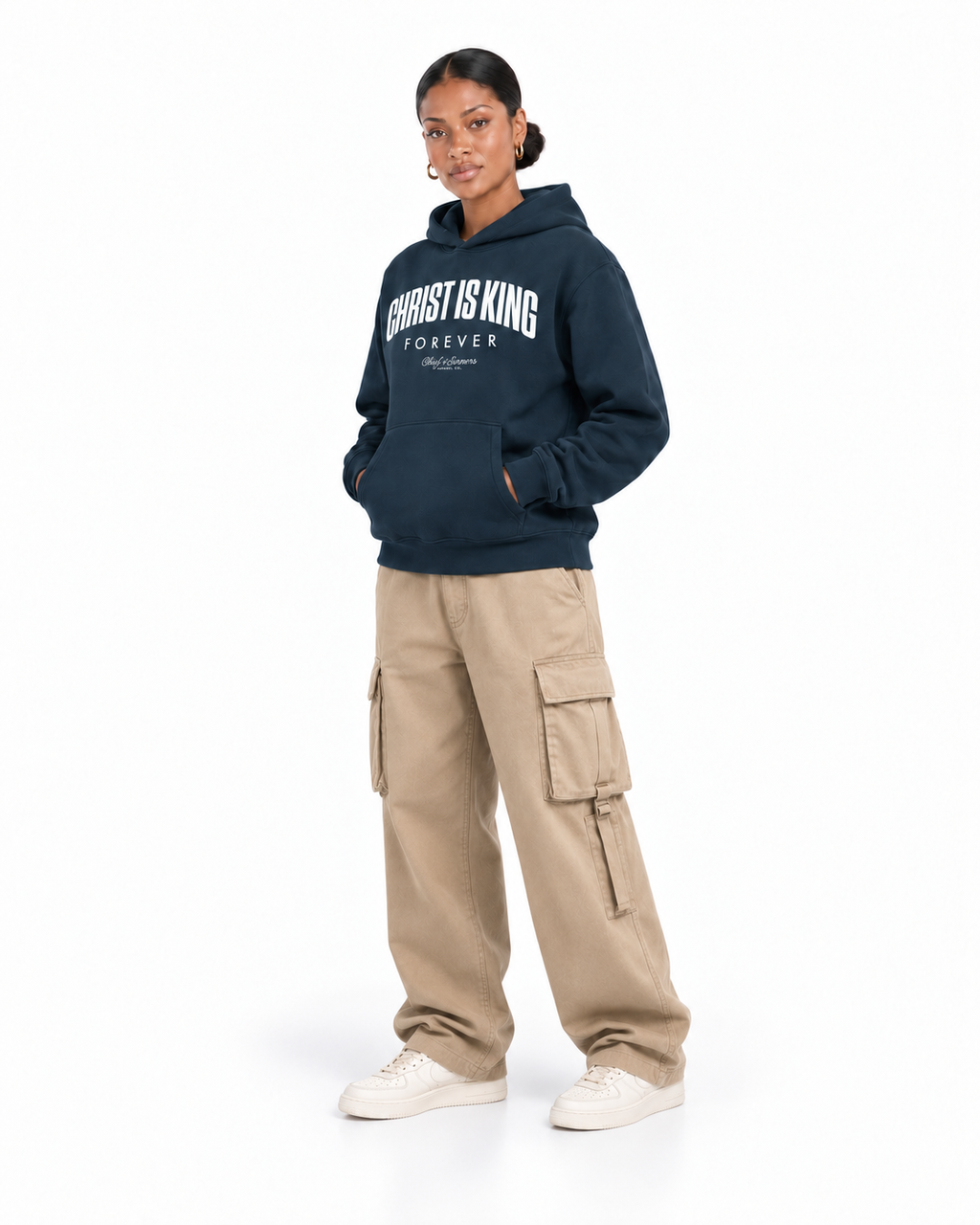 Chief Of Sinners Unisex Fleece Regular Shoulder Hoodie — Navy Blue hoodie, female three-quarter outfit