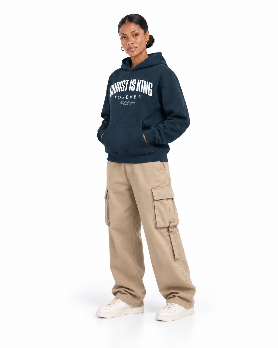 Chief Of Sinners Unisex Fleece Regular Shoulder Hoodie — Navy Blue hoodie, female three-quarter outfit